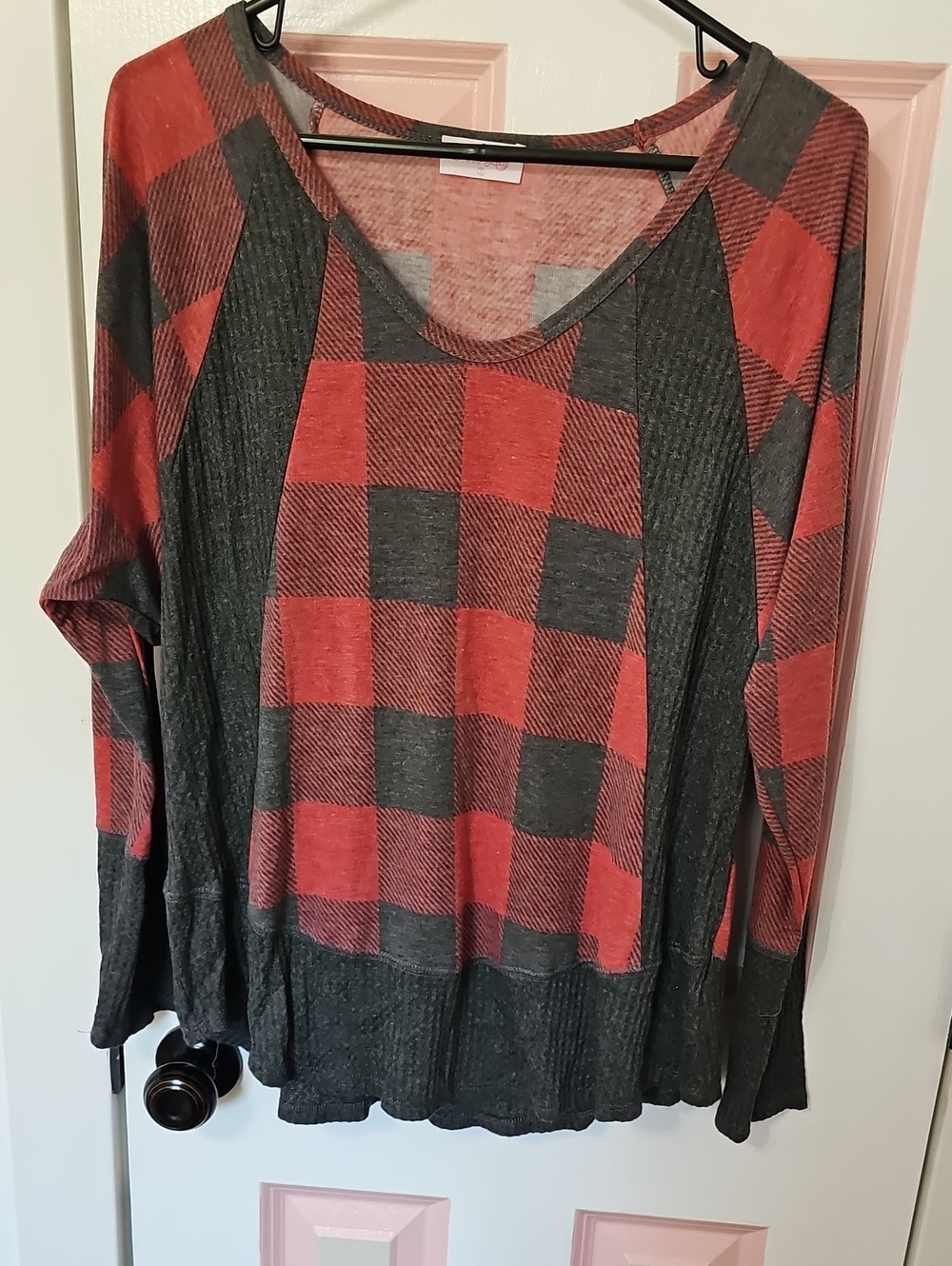 Pink Lily RED and Charcoal Plaid Knit Top-Size Small, But Fits Up To Medium